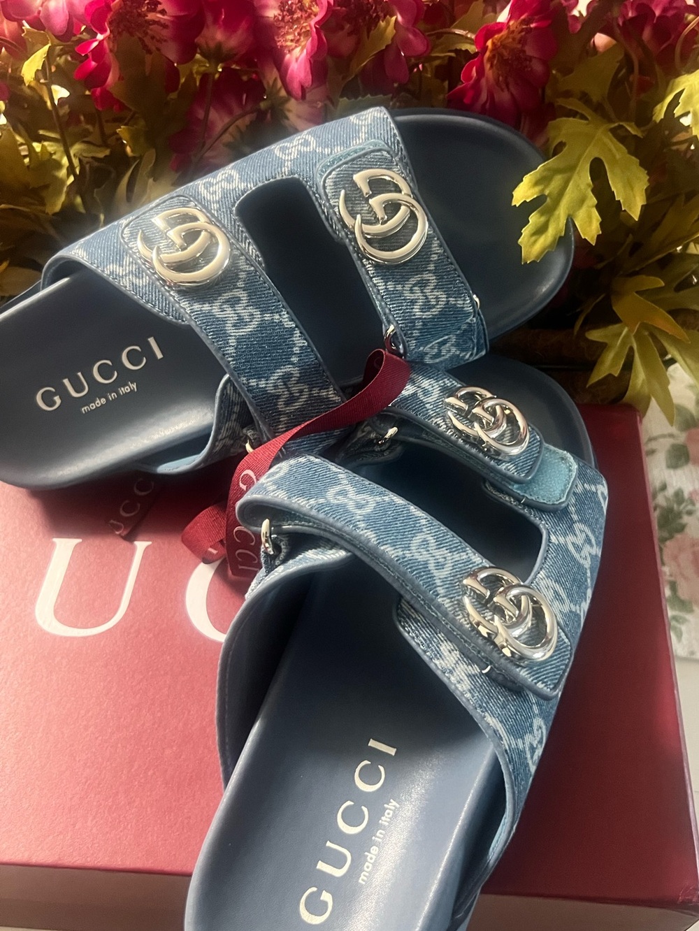Logo Denim Logo Double Strap Slide Sandals in Blue and Silver